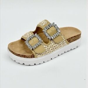 Women’s Embellished Woven Double-Buckle Slide Sandal - Beige